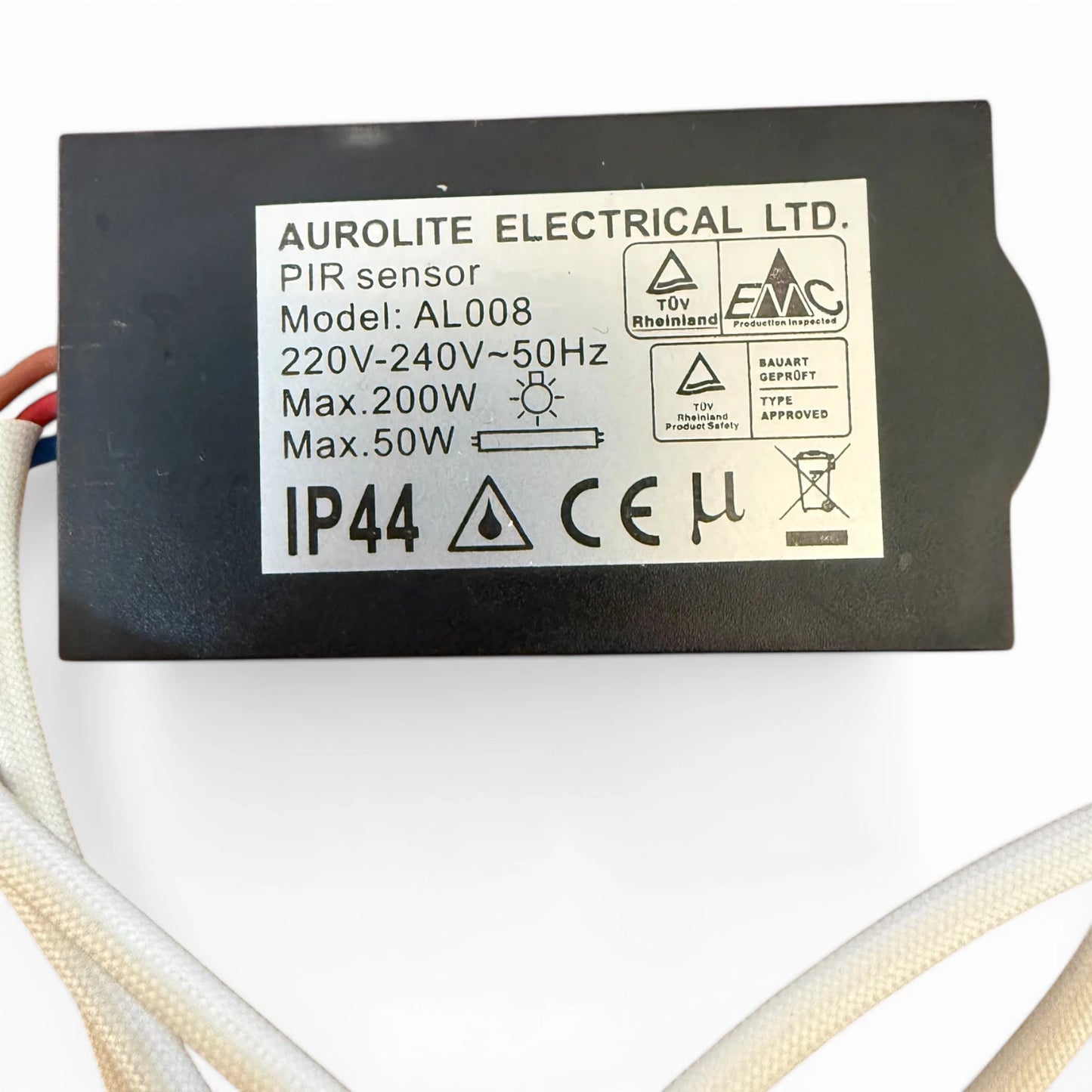 AuroLite AL008 Bewegungsmelder mit technischen Daten und IP44 Schutz