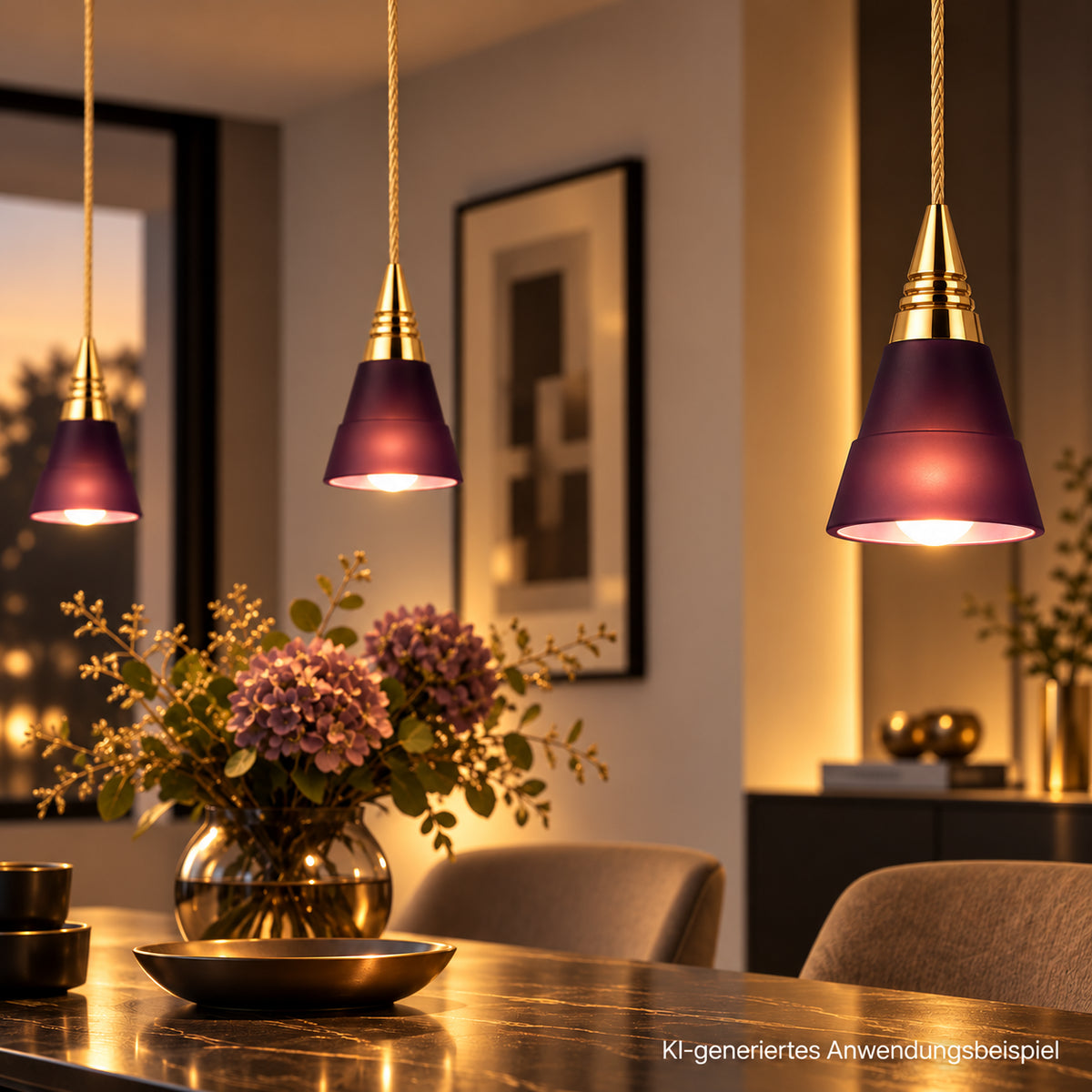 BRUCK VIOLA 95 Gold Pendelleuchten im eleganten Wohnambiente, für passende BRUCK 12V Seil- und Schienensysteme, Ki-generiertes Anwendungsbeispiel