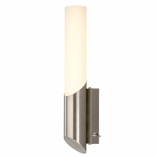 LED-Wandleuchte Edelstahl mit opalweißem Diffusor, eingeschaltet.