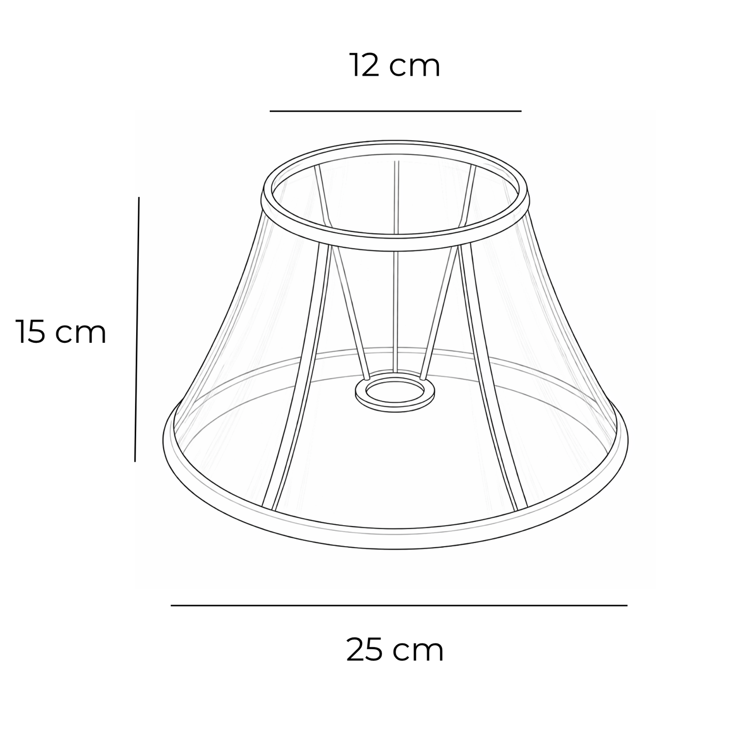 Technische Skizze eines weißen Lampenschirms aus Seide mit Maßen 12 cm oben, 25 cm unten und 15 cm Höhe, Various Scala 3825-40115