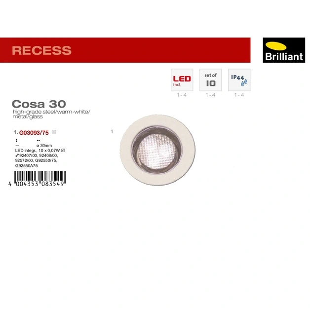 Brilliant Cosa 30 kleine LED Einbauleuchten für dekorative Möbelbeleuchtung, Vitrinen und Treppen mit warmweißem Licht