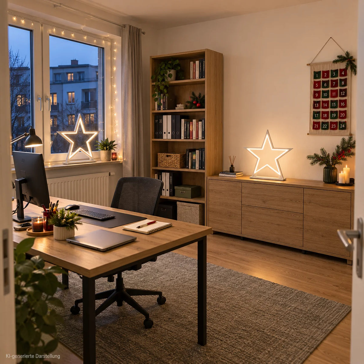 Zwei weiße LED Stern-Tischlampen aus Holz, 53 cm hoch, als weihnachtliche Beleuchtung im Homeoffice auf Fensterbank und Sideboard.