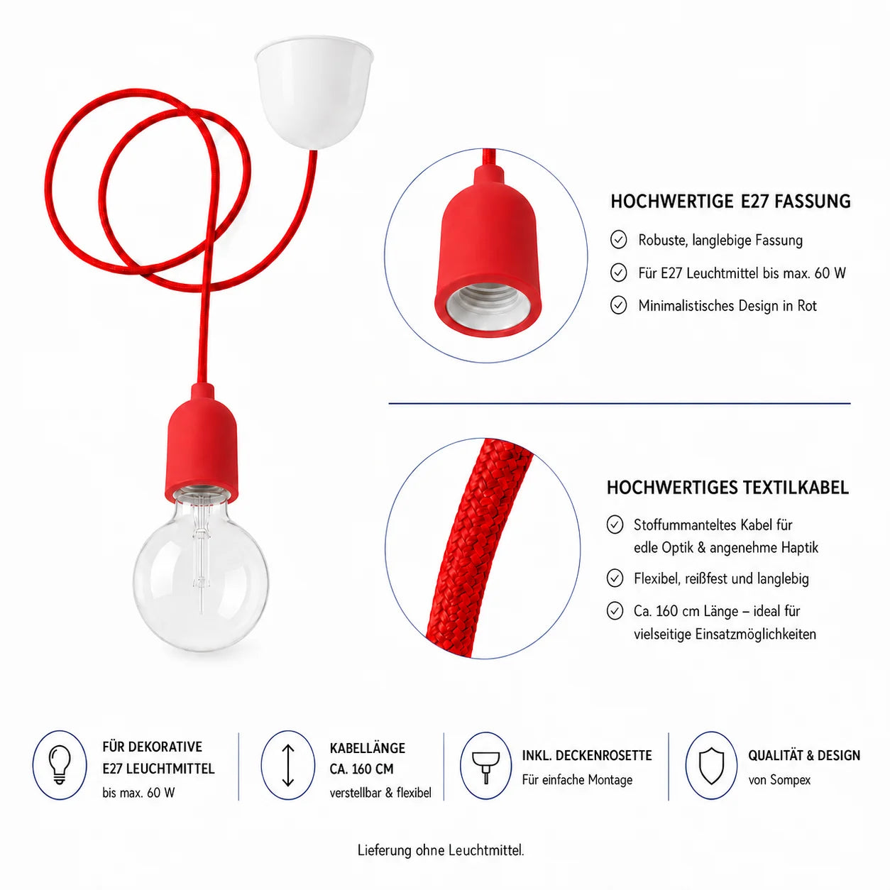 Rotes Textilkabe- Minimalistische Pendelfassung mit E27-Sockel