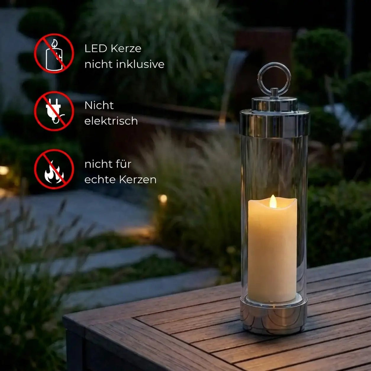 Gartenlaterne Chrom Glas gefrostet mit Stab – LED Grablicht & Grablaterne – Saasil