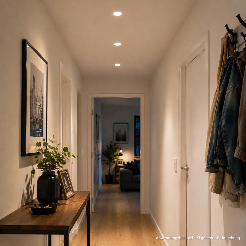 Drei runde LED-Einbaustrahler in einem modernen Flur mit warmweißem Licht, Holzboden, Garderobe und wohnlicher Einrichtung.
