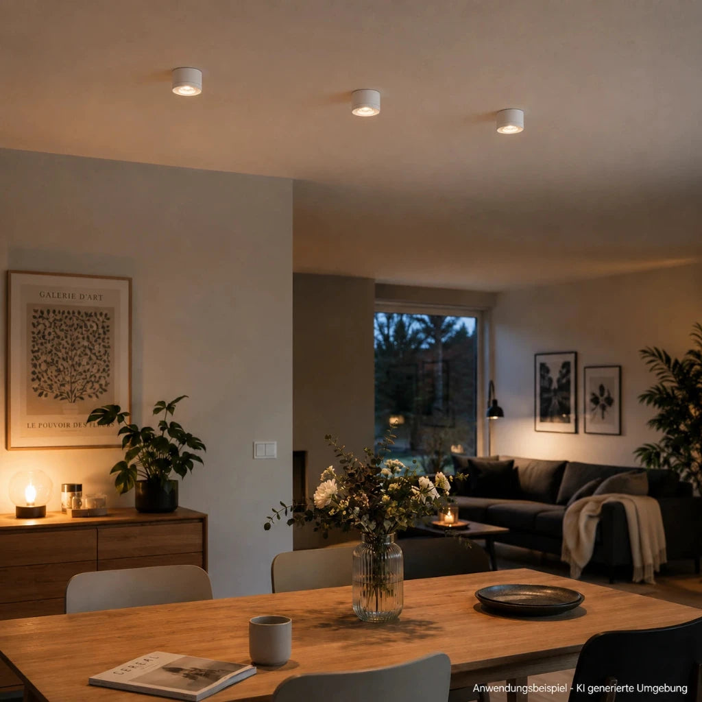 Drei weiße LED-Aufbauleuchten an der Decke eines modernen Wohn- und Essbereichs mit warmweißem Licht, Holztisch und gemütlicher Einrichtung.