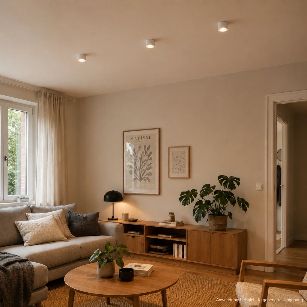 Weiße LED-Aufbauleuchten an der Decke eines modernen Wohnzimmers mit warmweißem Licht, Sofa, Holzmöbeln und natürlicher Wohnatmosphäre.