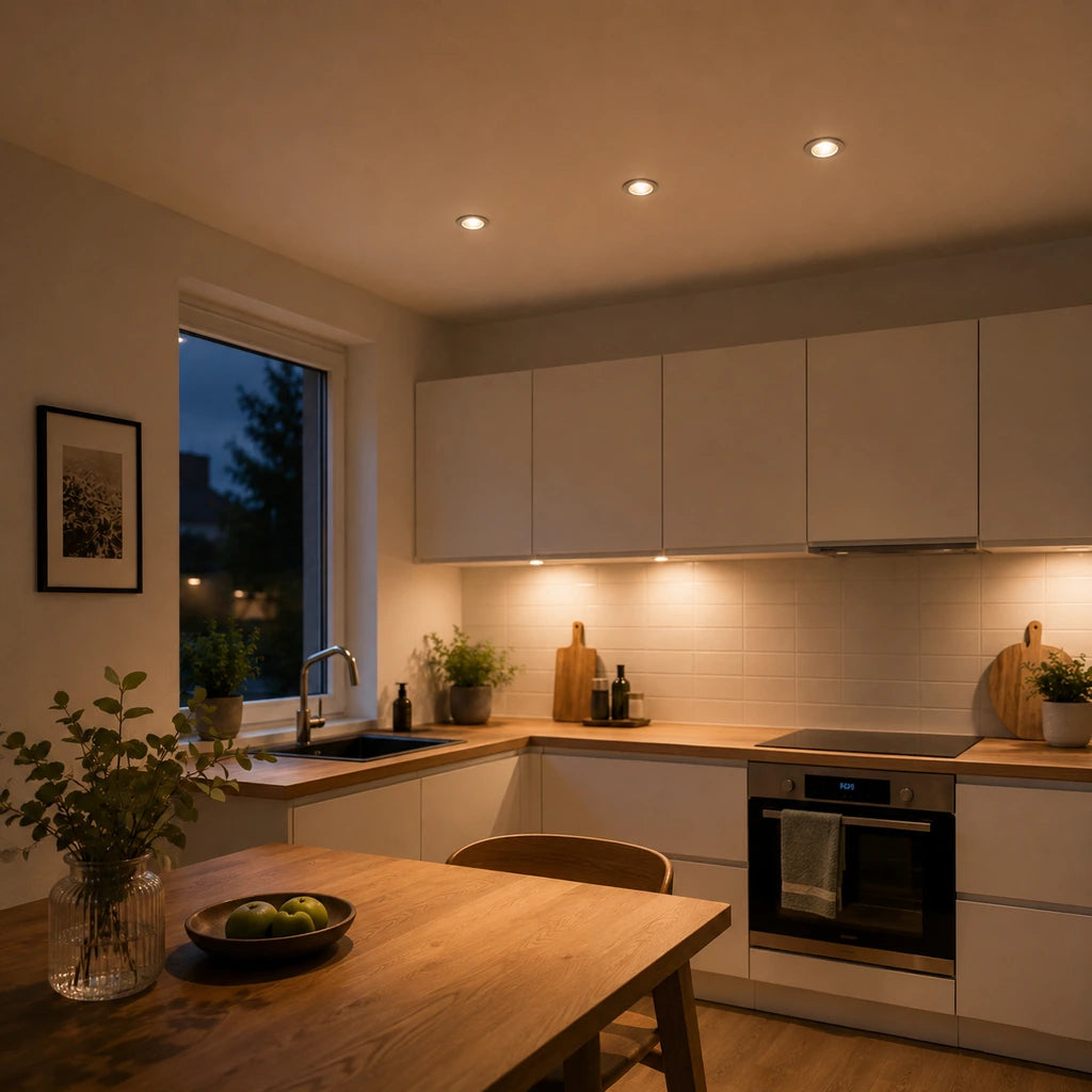Drei schwenkbare weiße LED-Einbaustrahler in einer modernen Küche mit warmweißem Licht, Holzarbeitsplatte und heller Einrichtung.