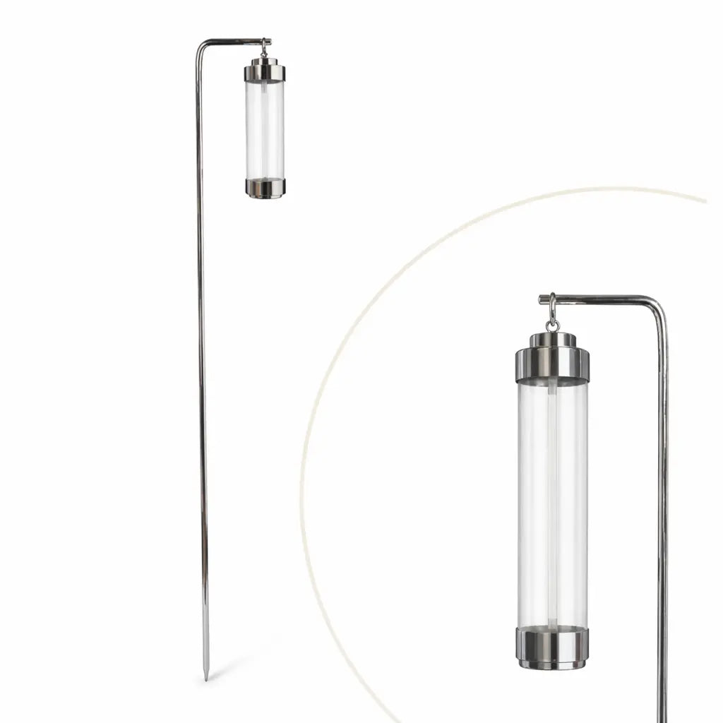 gartenlaterne mit erdspieß für led teelichter mit erdspieß chrom silber klares glas elle 53182 sompex