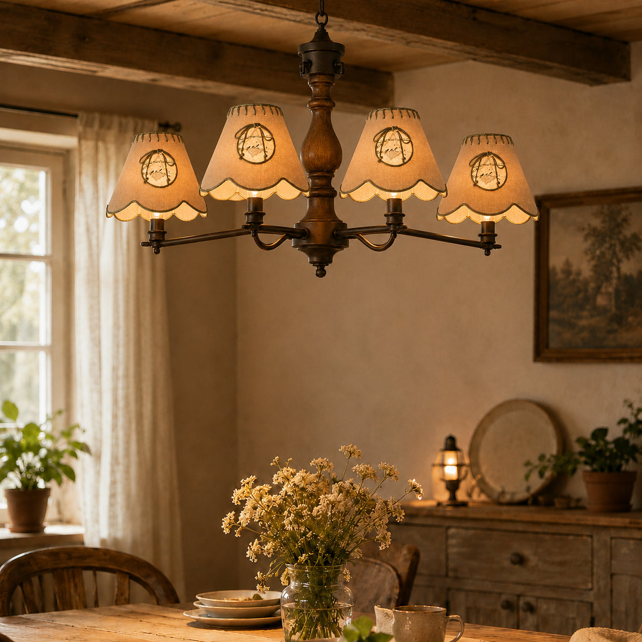 Landhaus-Hängeleuchte mit vier beige-grünen Lampenschirmen, warm eingeschaltet über einem rustikalen Esstisch in gemütlicher Küche.