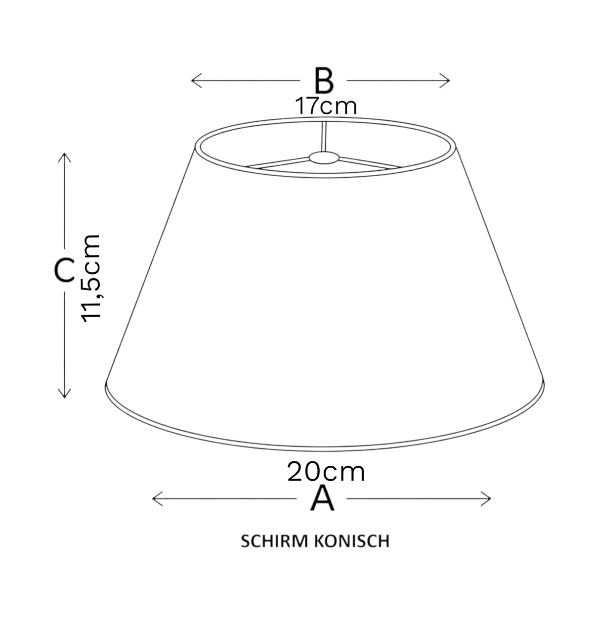 Maßgrafik des konischen Lampenschirms mit 11,5 cm Höhe, 17 cm oberem Durchmesser und 20 cm unterem Durchmesser