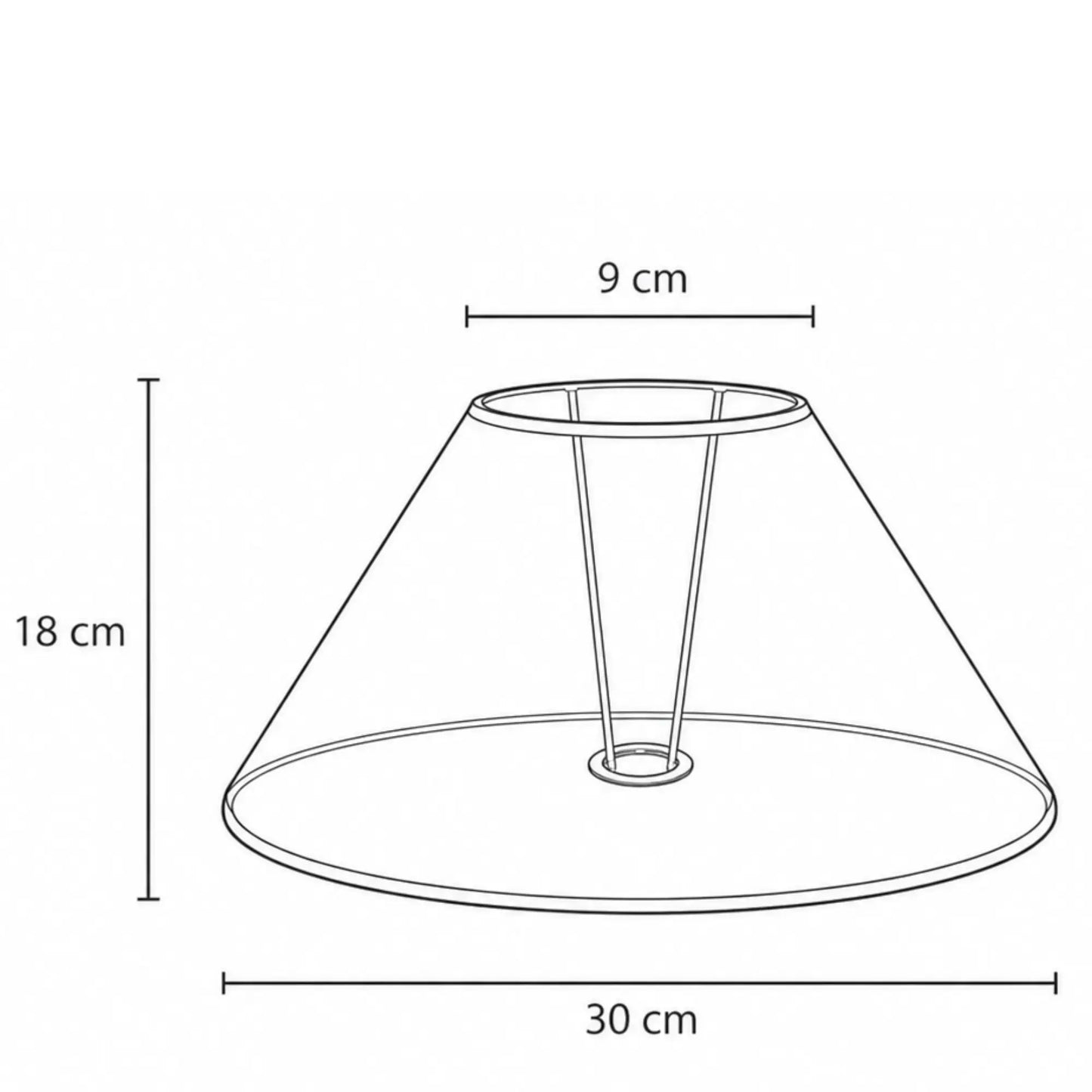 Maßgrafik des konischen Lampenschirms mit 18 cm Höhe, 9 cm oberem Durchmesser und 30 cm unterem Durchmesser