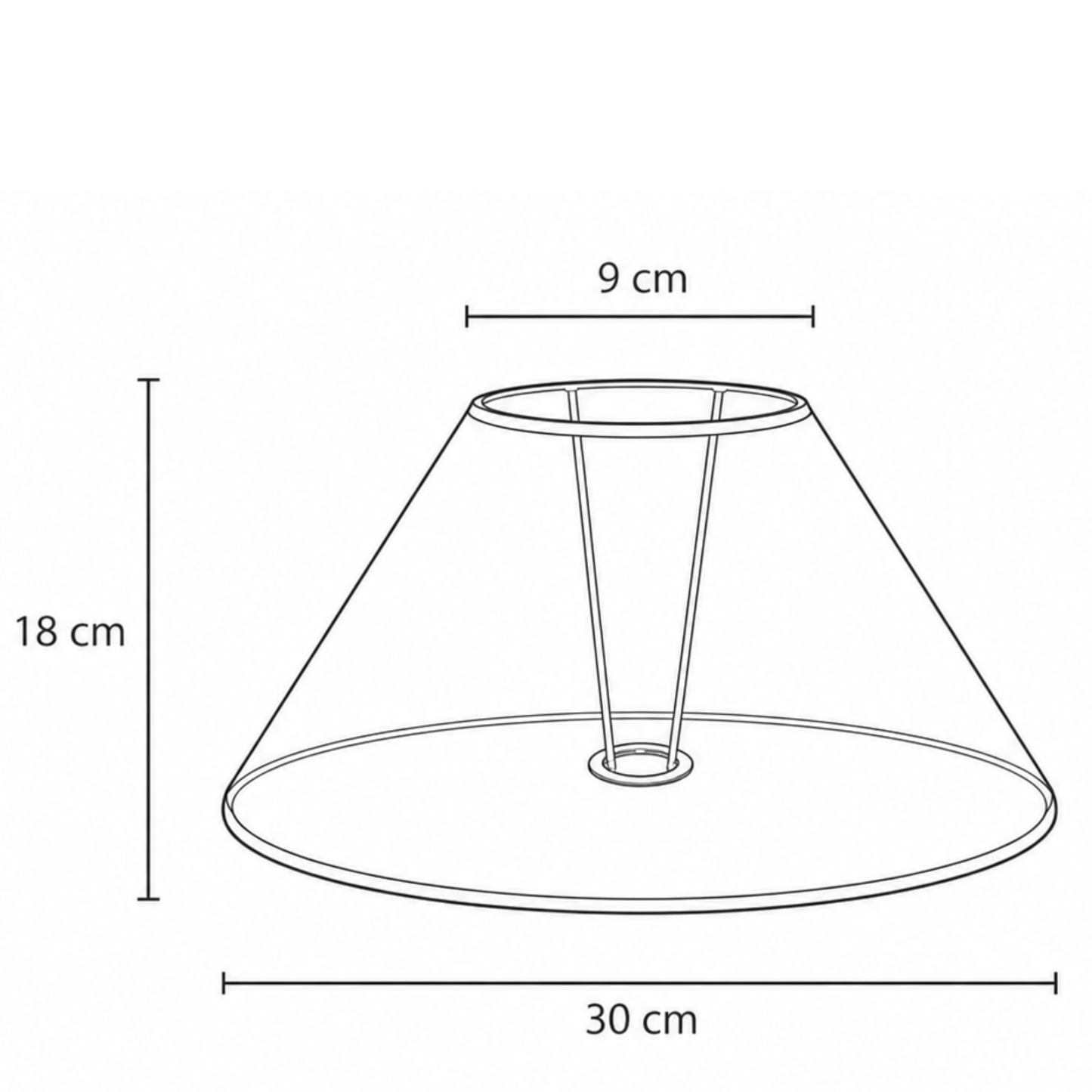 Maßgrafik des konischen Lampenschirms mit 18 cm Höhe, 9 cm oberem Durchmesser und 30 cm unterem Durchmesser