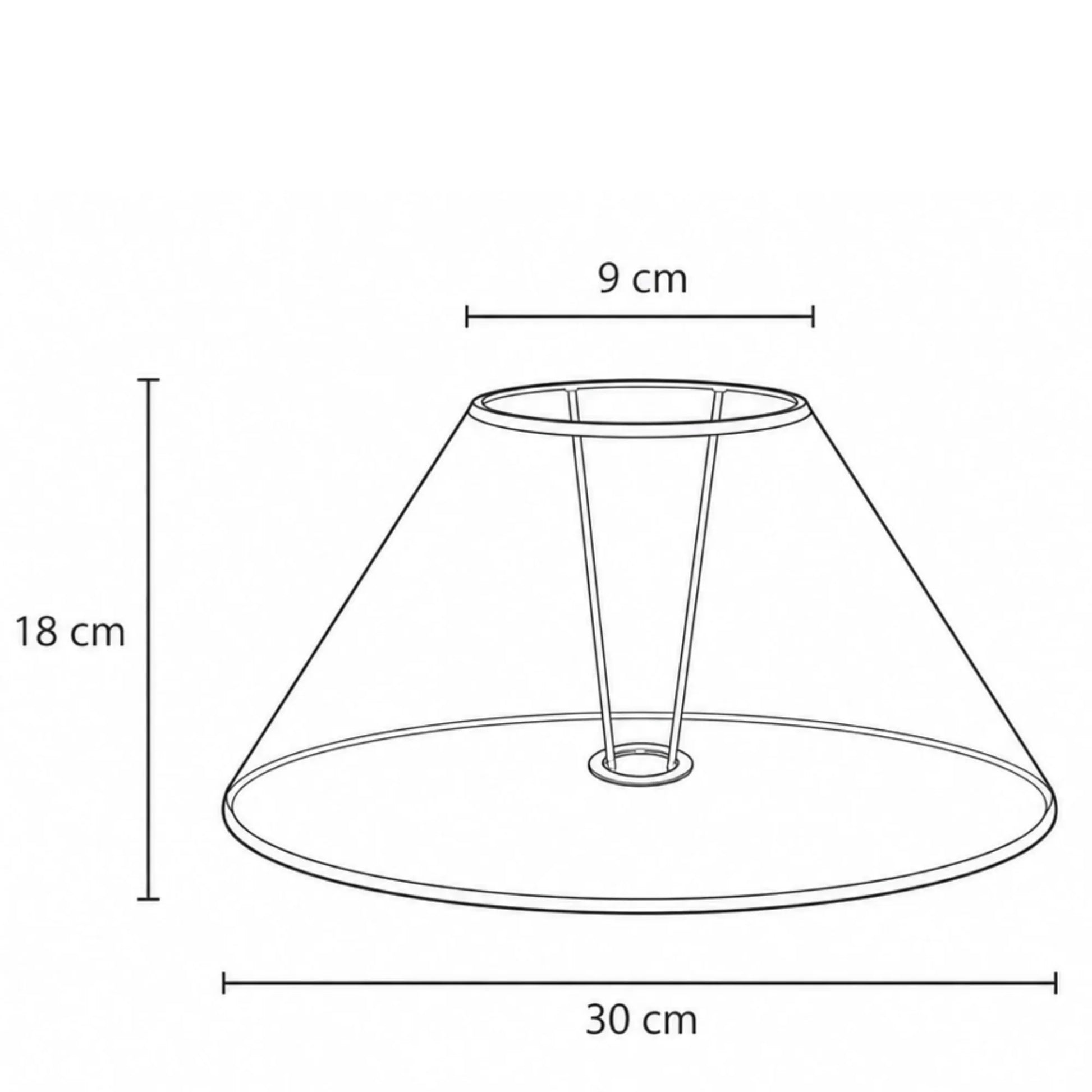 Maßgrafik des konischen Lampenschirms mit 18 cm Höhe, 9 cm oberem Durchmesser und 30 cm unterem Durchmesser