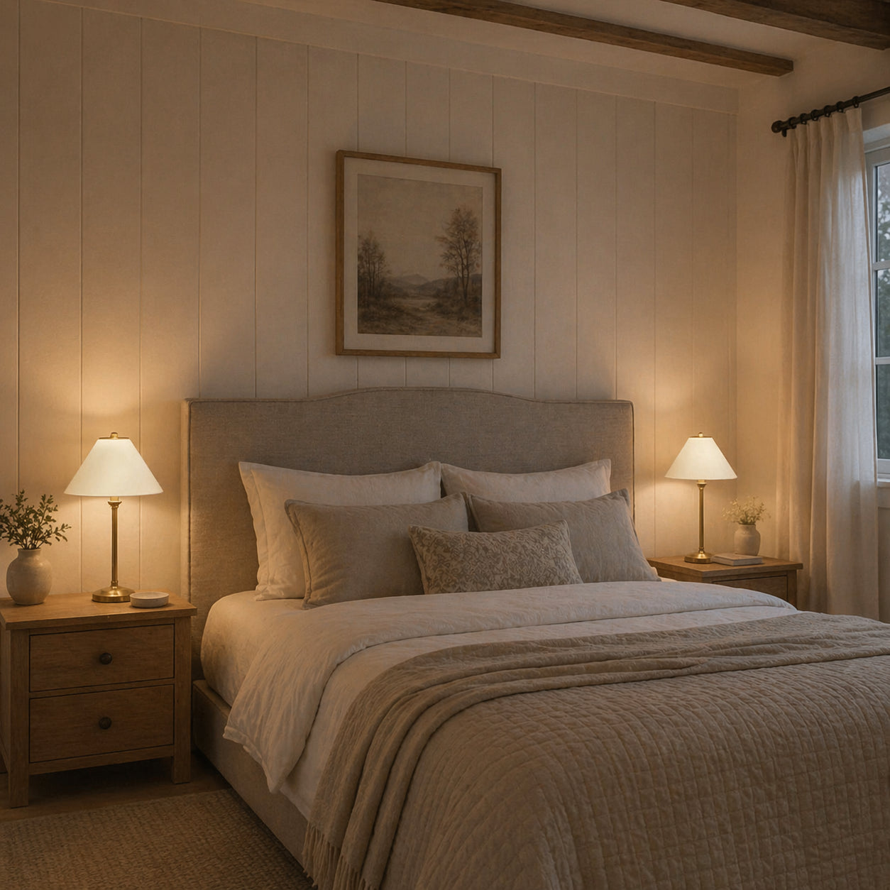 Lampenschirm in Creme auf heller Tischlampenfuß im Schlafzimmer