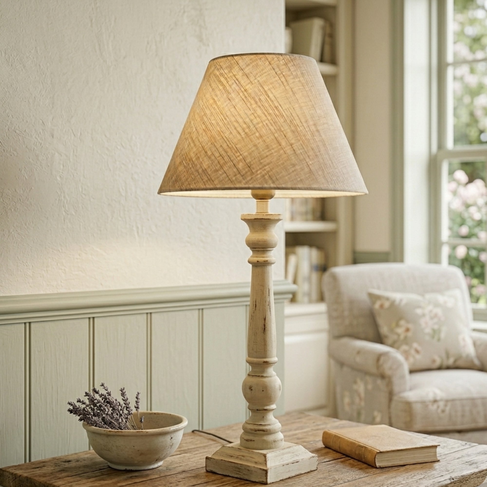 Lampenschirm in Creme-Beige auf heller Tischlampe im Wohnzimmer, dekoriert auf Beistelltisch neben Sofa