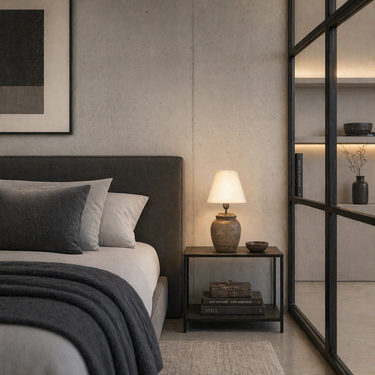 Stilvolle Nachttischlampe mit hellem Stoffschirm in modernem Schlafzimmer mit warmem Licht