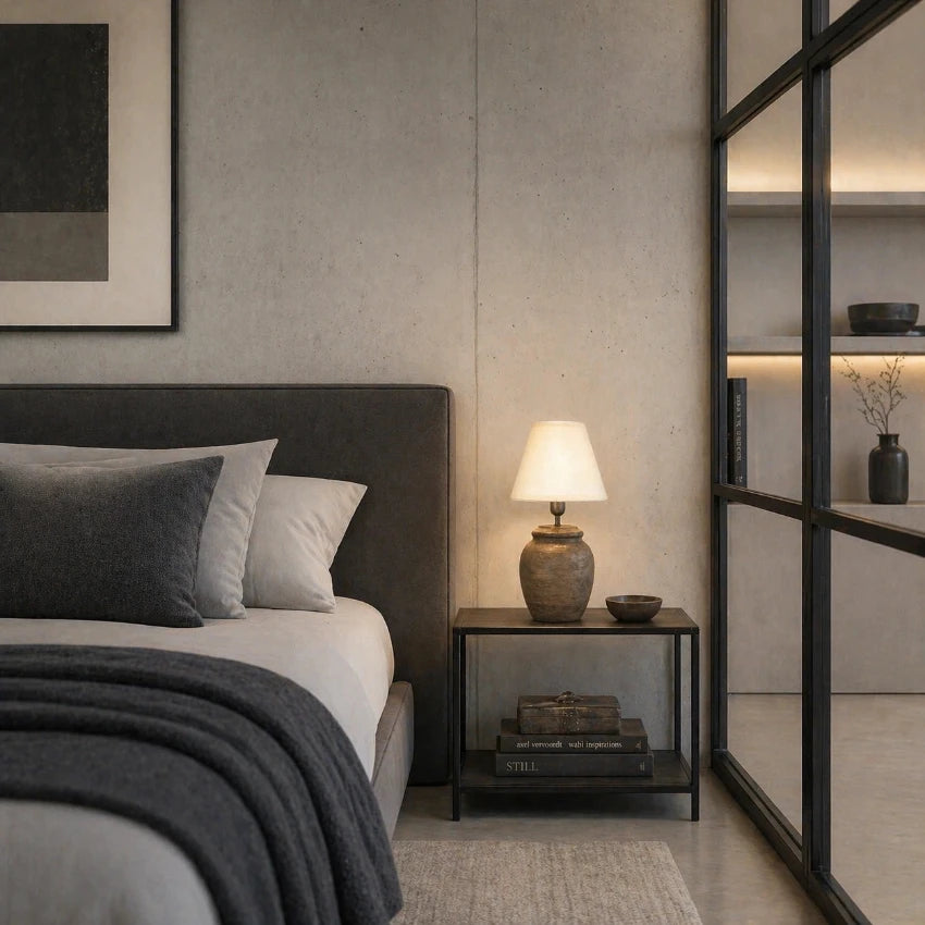 Stilvolle Nachttischlampe mit hellem Stoffschirm in modernem Schlafzimmer mit warmem Licht