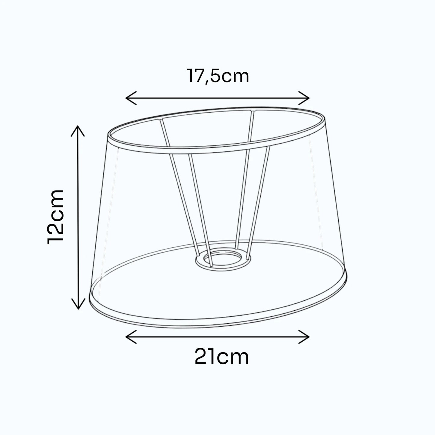 Maßgrafik des ovalen Lampenschirms mit 12 cm Höhe, 17,5 cm oberem Durchmesser und 21 cm unterem Durchmesser