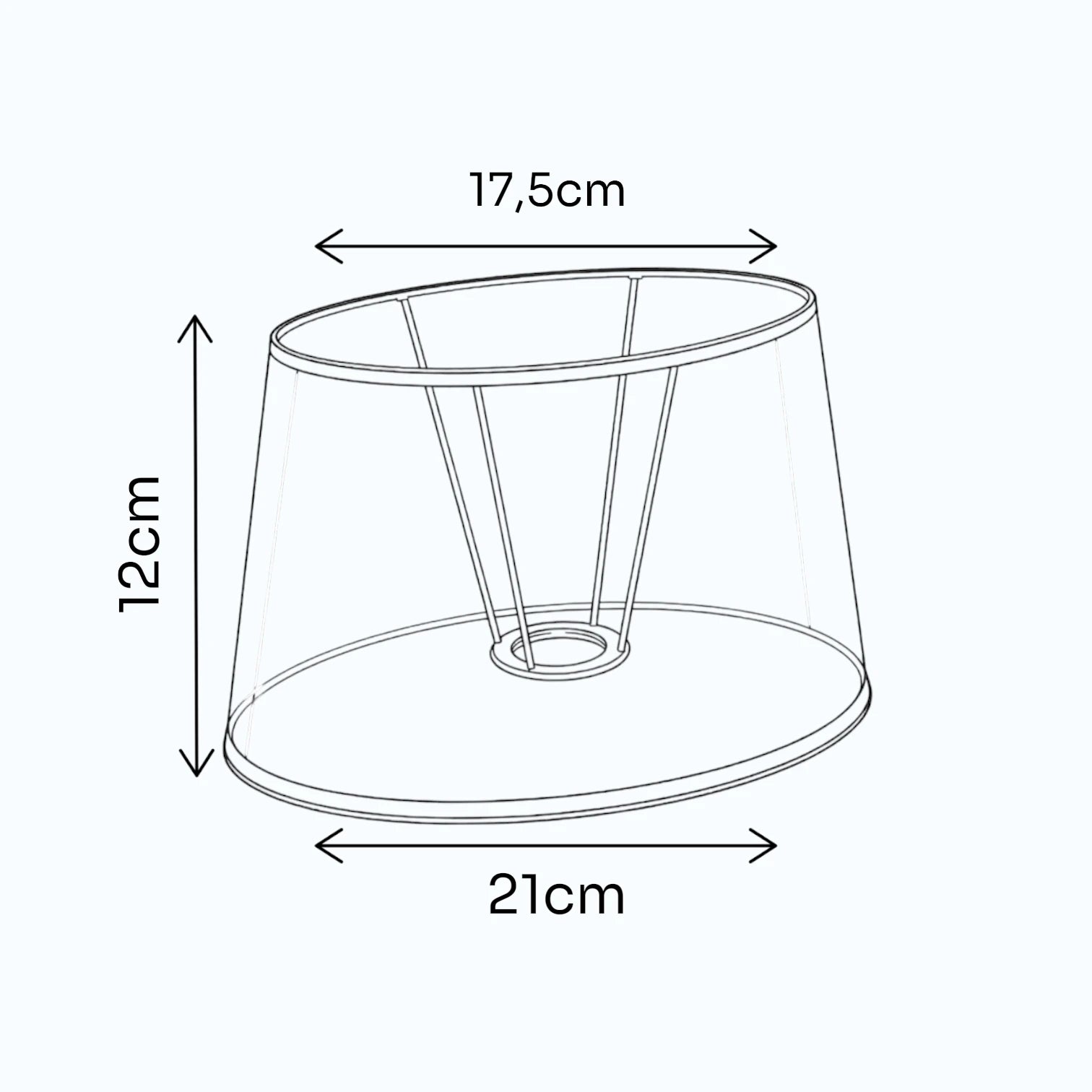 Maßgrafik des ovalen Lampenschirms mit 12 cm Höhe, 17,5 cm oberem Durchmesser und 21 cm unterem Durchmesser