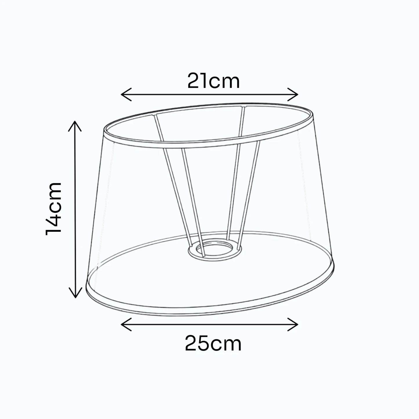 Maßgrafik des ovalen Lampenschirms mit 14 cm Höhe, 21 cm oberem Durchmesser und 25 cm unterem Durchmesser
