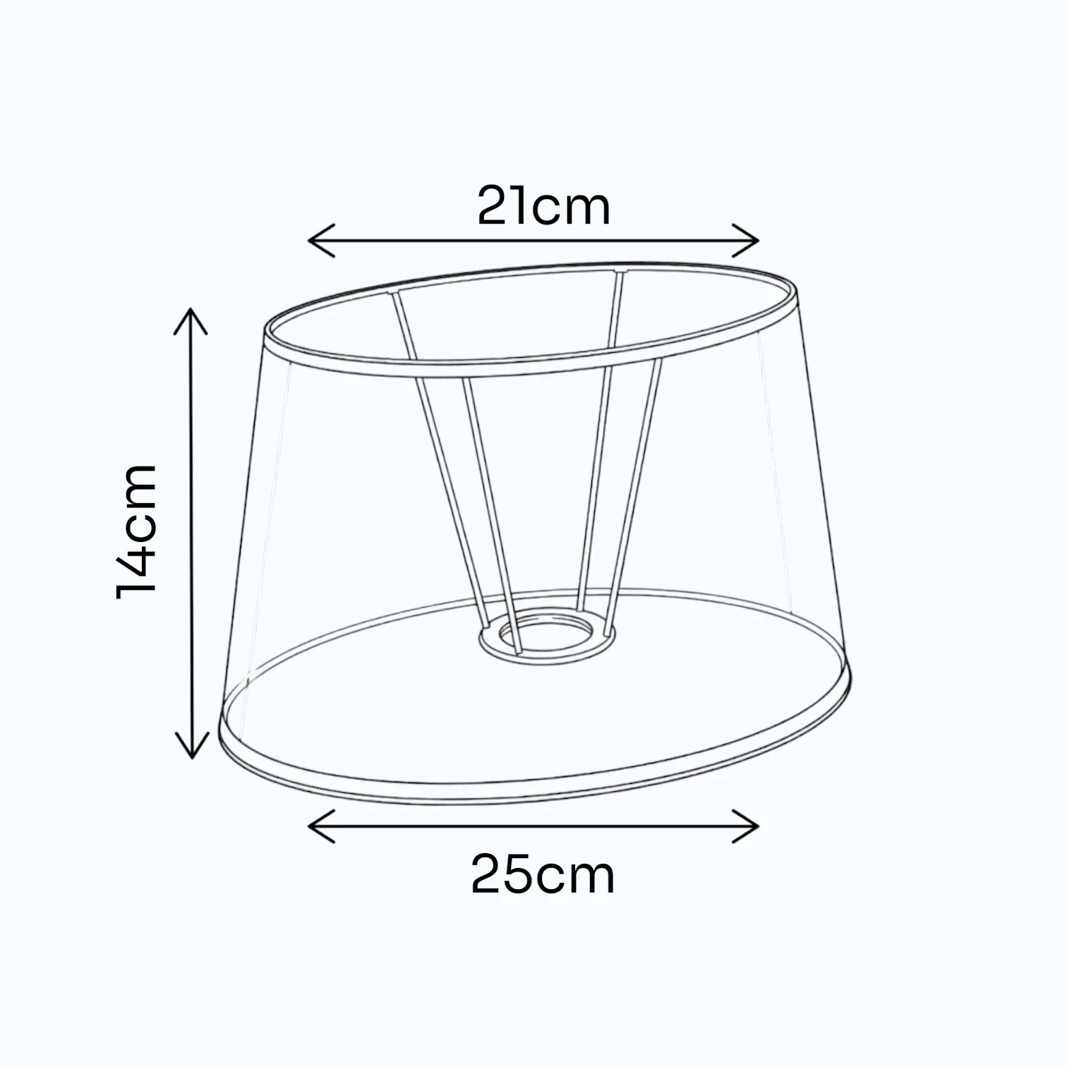 Maßgrafik des ovalen Lampenschirms mit 14 cm Höhe, 21 cm oberem Durchmesser und 25 cm unterem Durchmesser