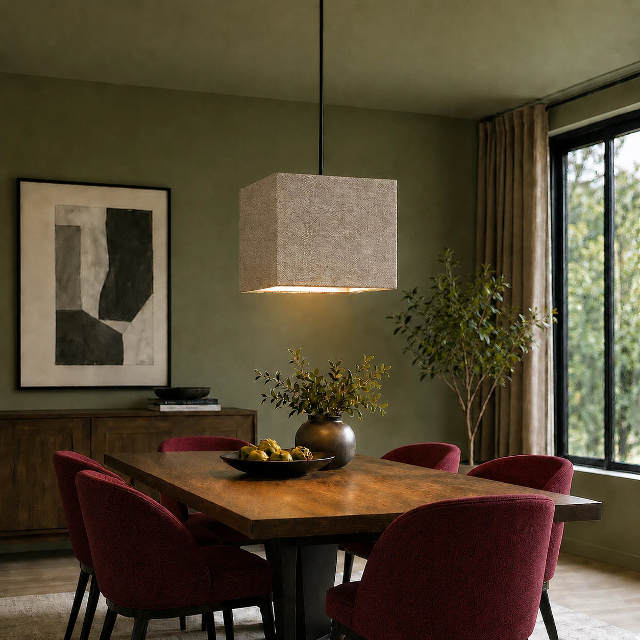 Lampenschrm in Grau-Braun als Hängelampe in Esszimmer.