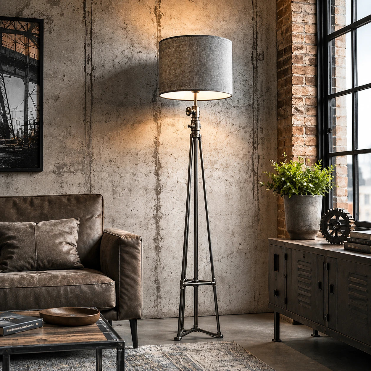 Lampenschirm in Grau auf Moderner Stehlampe im Wohnzimmer