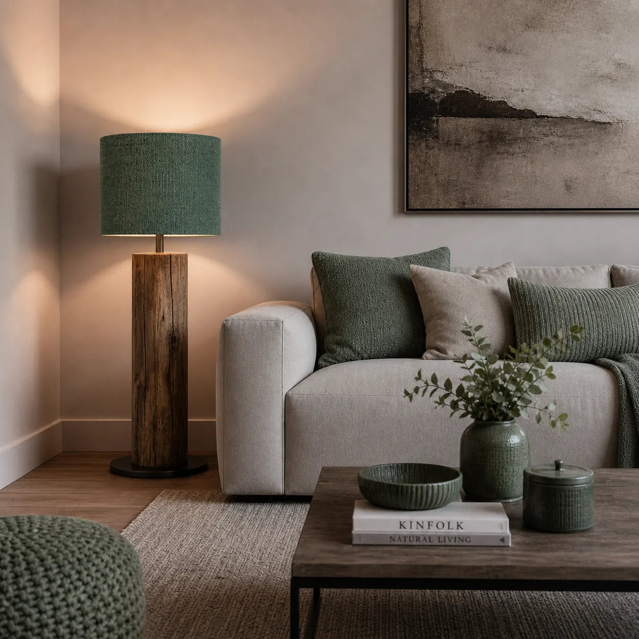 Lampenschirm in Graugrün auf Holz Stehlampe im Wohnzimmer