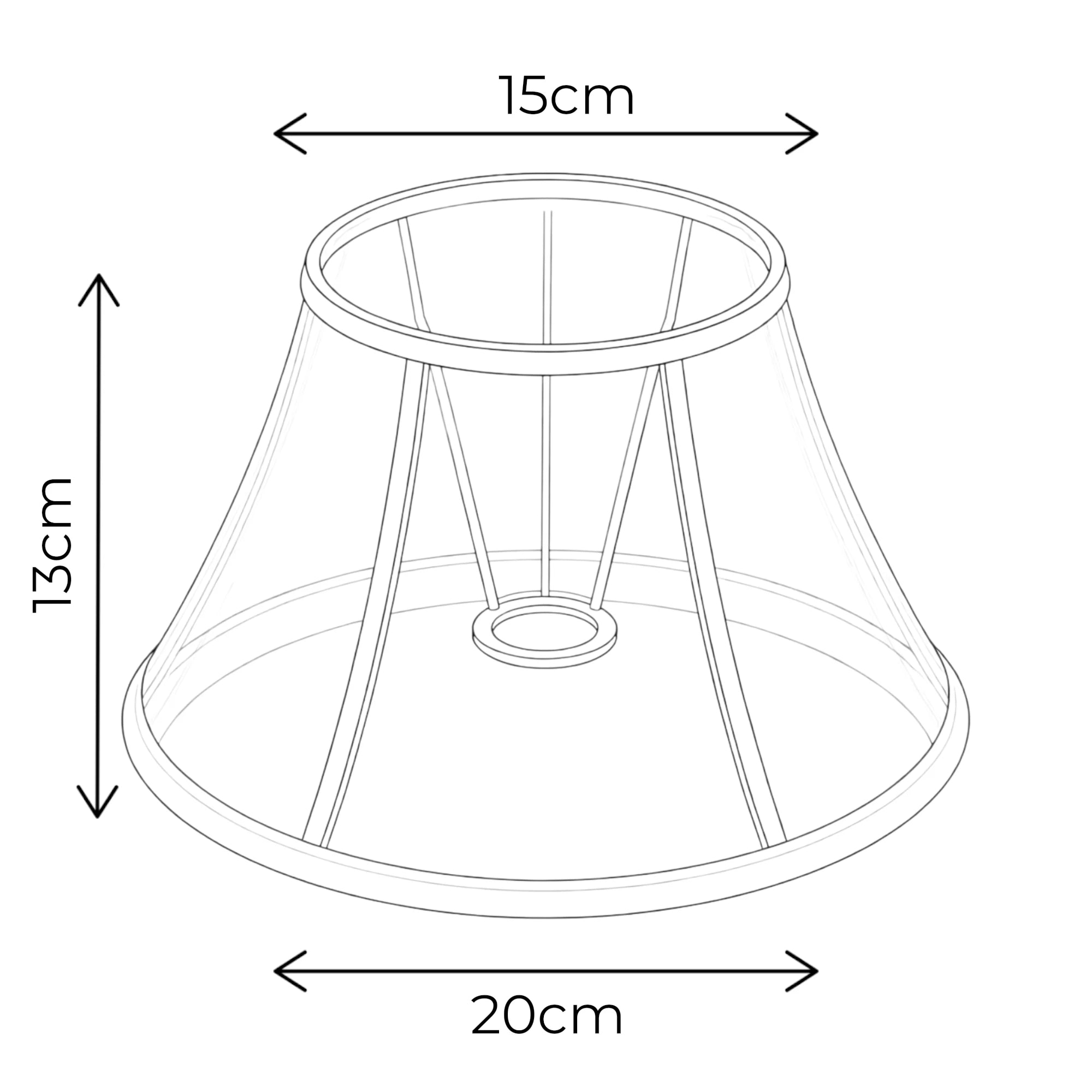 Maßgrafik des konischen Lampenschirms mit 13 cm Höhe, 15 cm oberem Durchmesser und 20 cm unterem Durchmesser