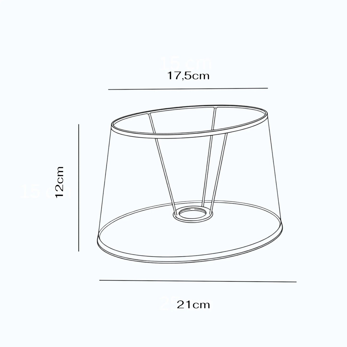 Maßgrafik des ovalen Lampenschirms mit 12 cm Höhe, 17,5cm oberem Durchmesser und 21 cm unterem Durchmesser