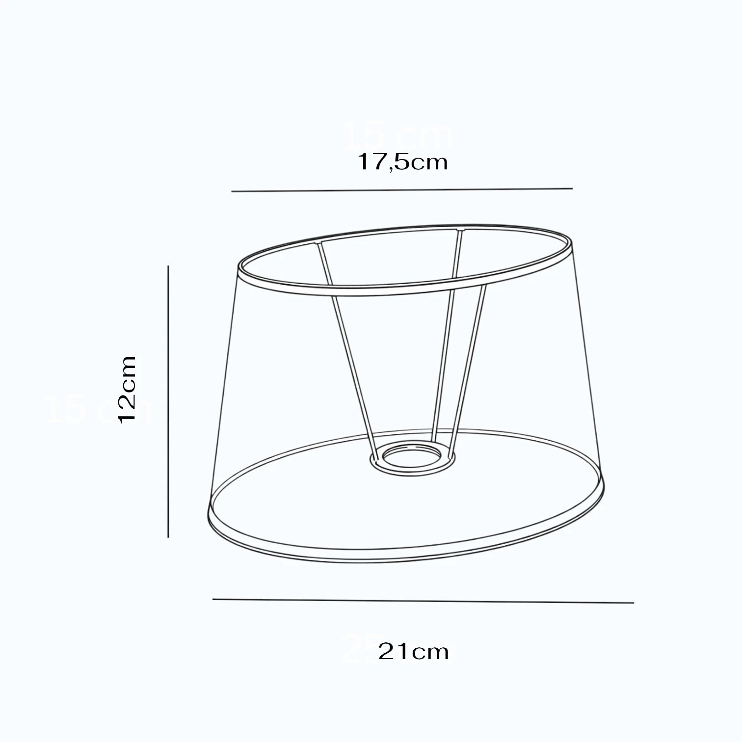 Maßgrafik des ovalen Lampenschirms mit 12 cm Höhe, 17,5cm oberem Durchmesser und 21 cm unterem Durchmesser