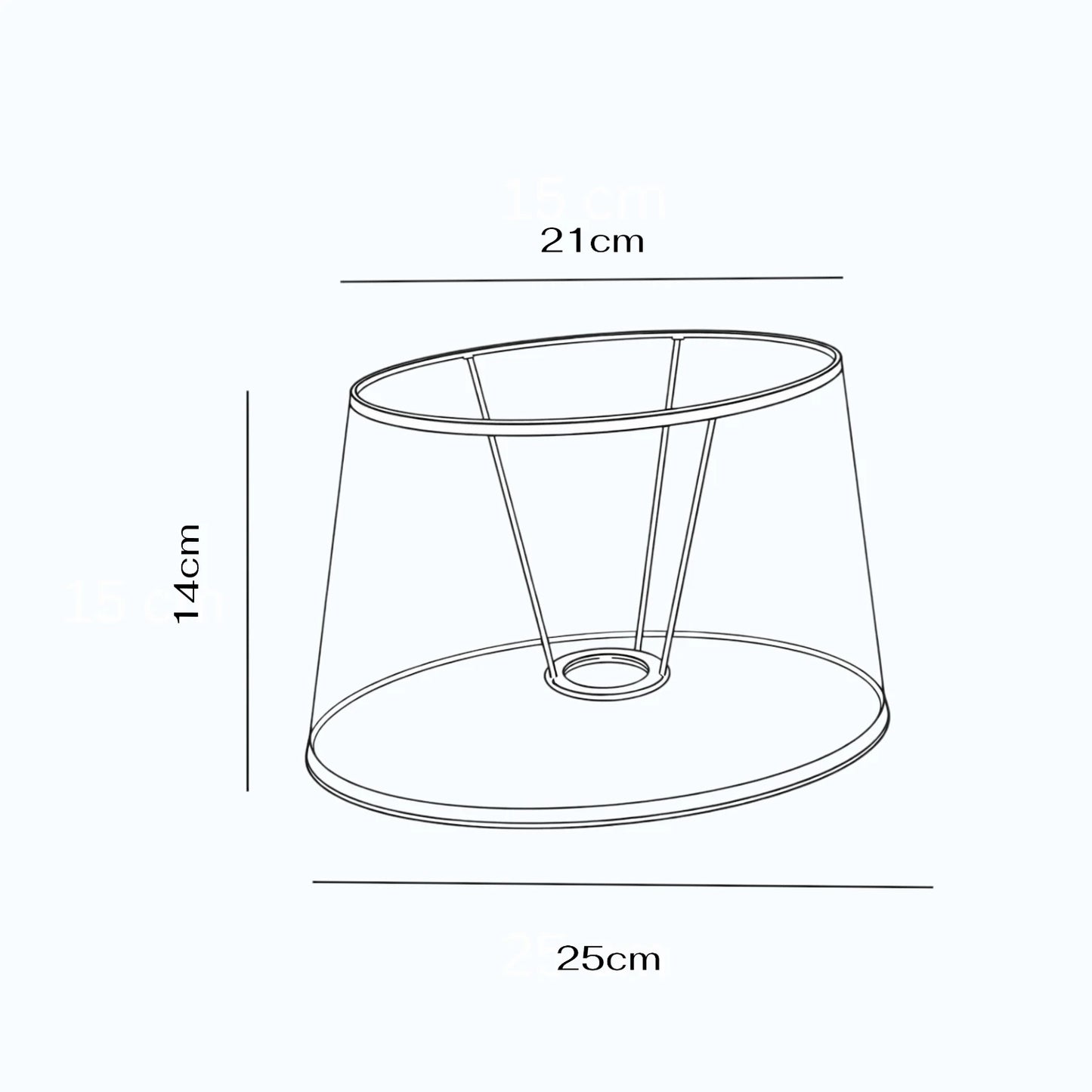 Maßgrafik des ovalen Lampenschirms mit 14 cm Höhe, 21 cm oberem Durchmesser und 25 cm unterem Durchmesser
