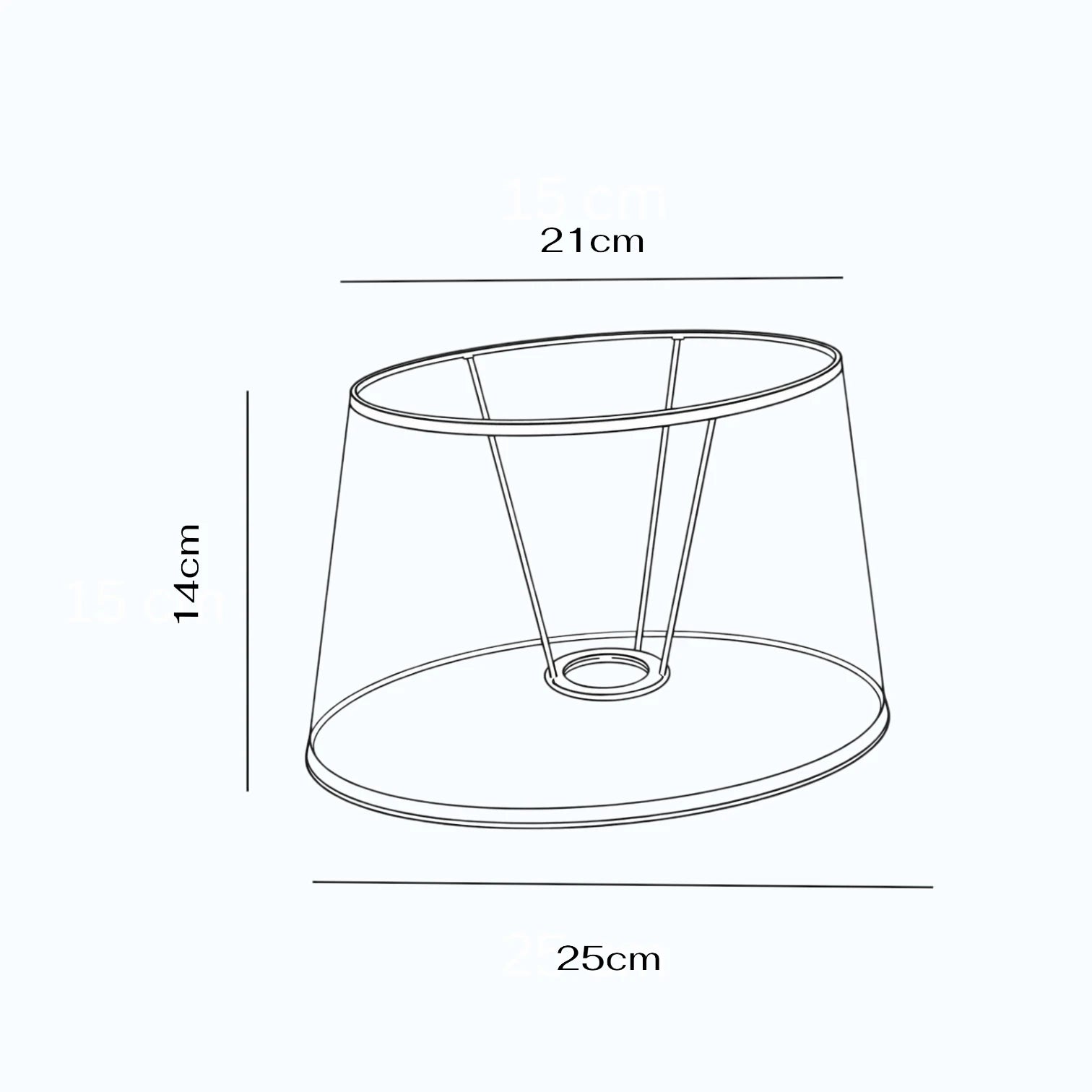 Maßgrafik des ovalen Lampenschirms mit 14 cm Höhe, 21 cm oberem Durchmesser und 25 cm unterem Durchmesser