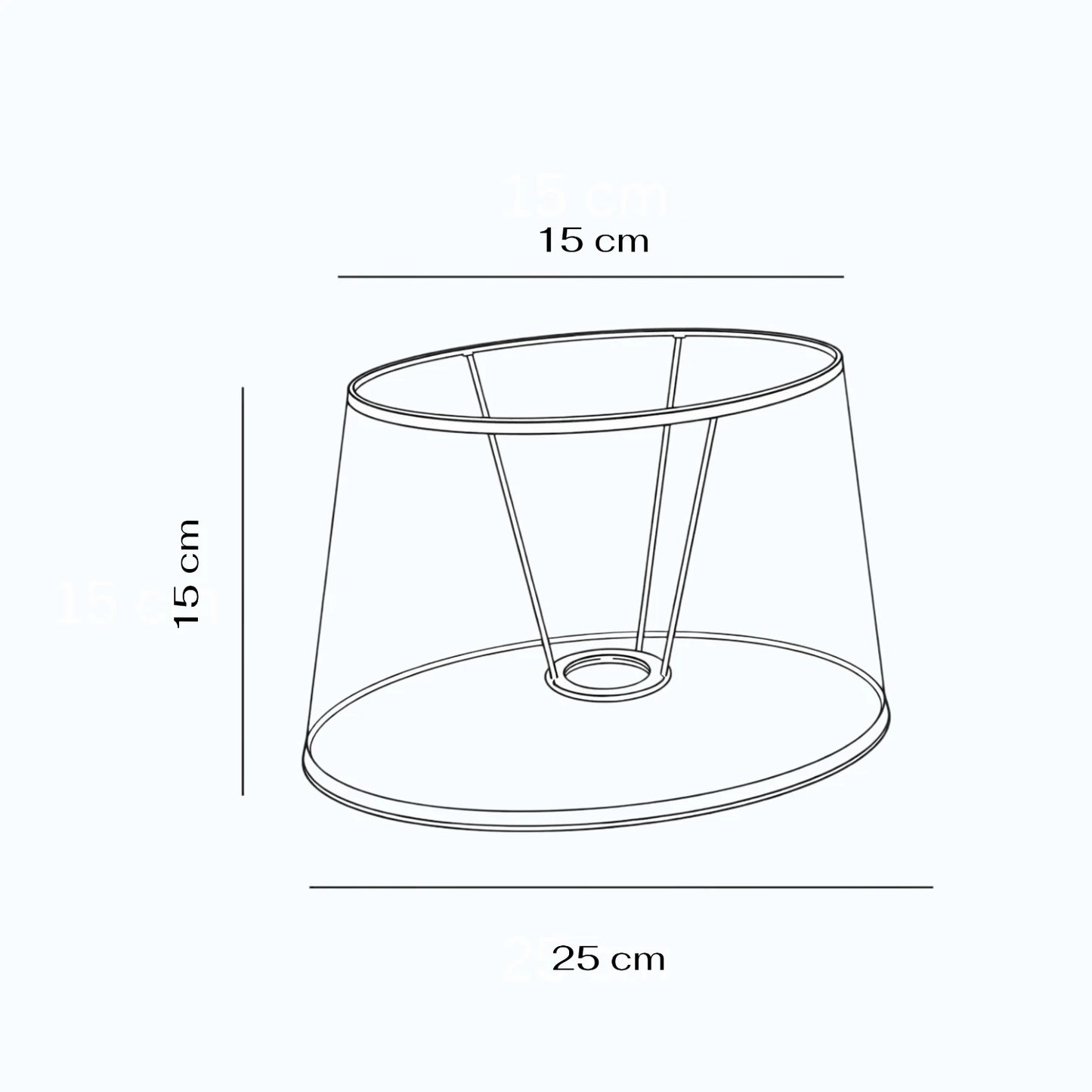 Maßzeichnung vom ovalenLampenschirm  in Taupe Lever mit 25 cm unten, 15 cm oben und 15 cm Höhe.