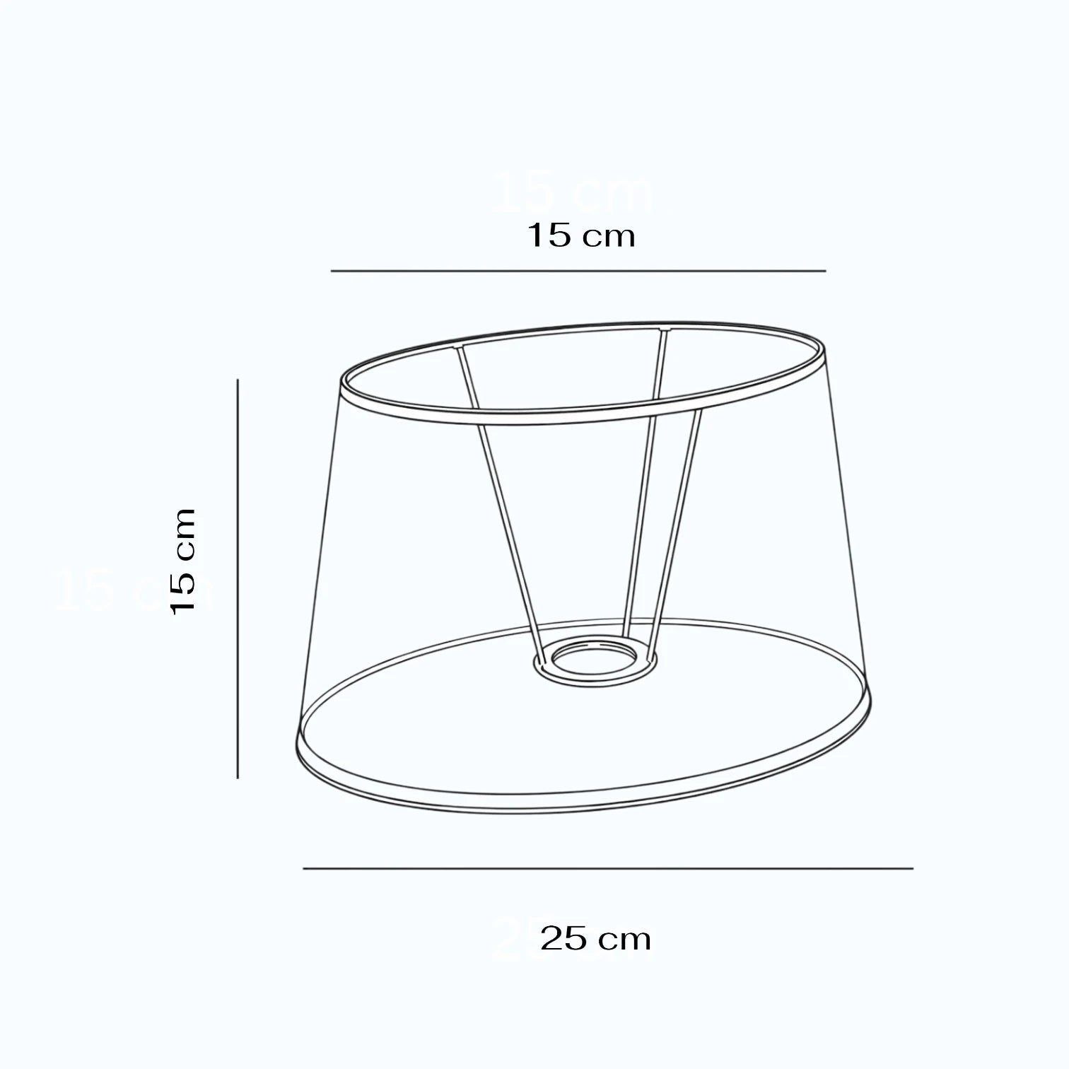 Maßzeichnung vom ovalenLampenschirm  in Taupe Lever mit 25 cm unten, 15 cm oben und 15 cm Höhe.