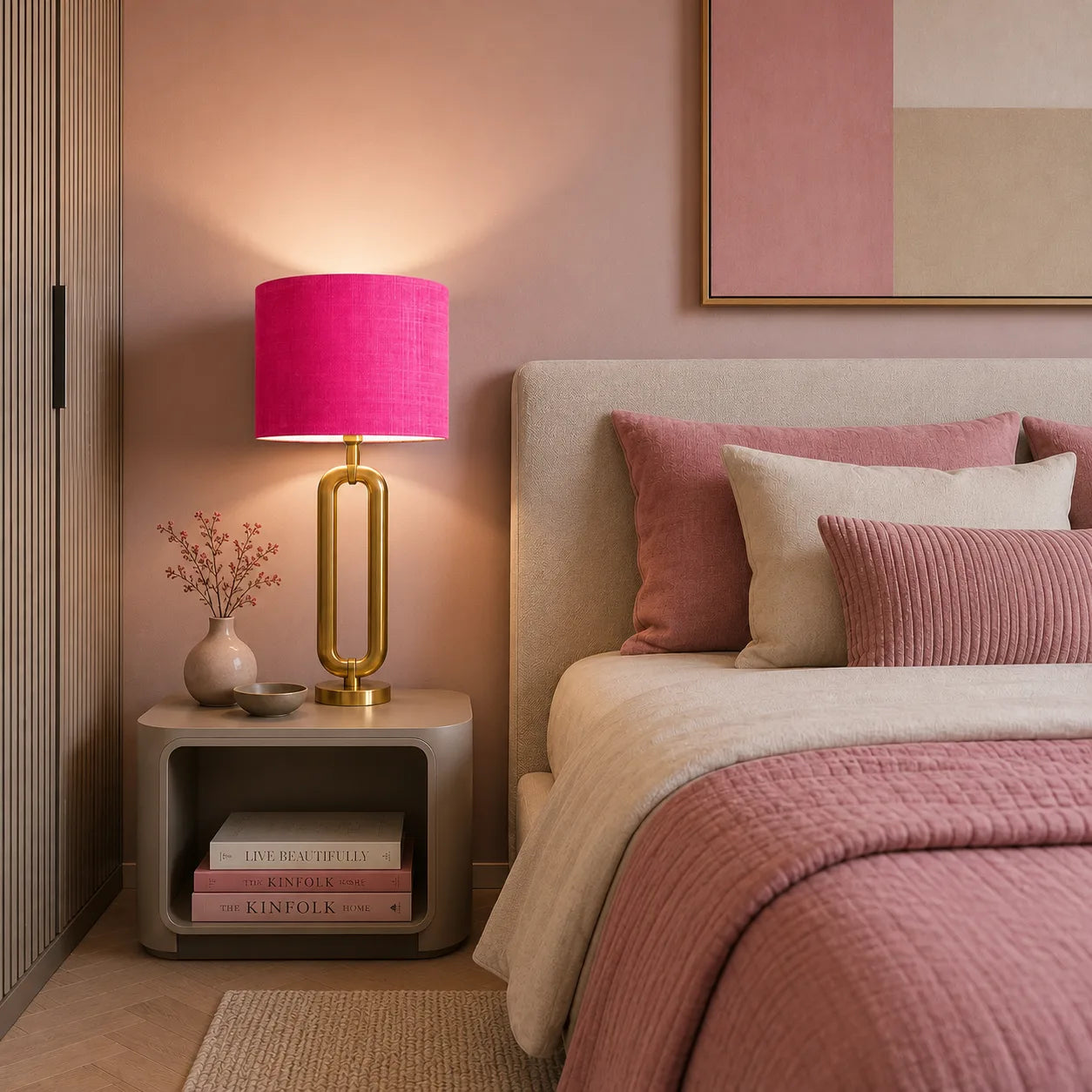 Lampenschirm in Pink auf heller Tischlampe im Schlafzimmer