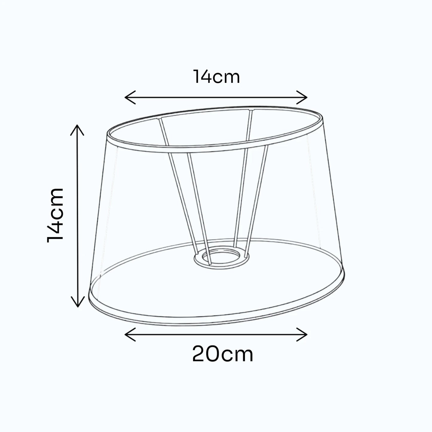 Maßgrafik des Ovalen Lampenschirms mit 14 cm Höhe, 14 cm oberem Durchmesser und 20 cm unterem Durchmesser