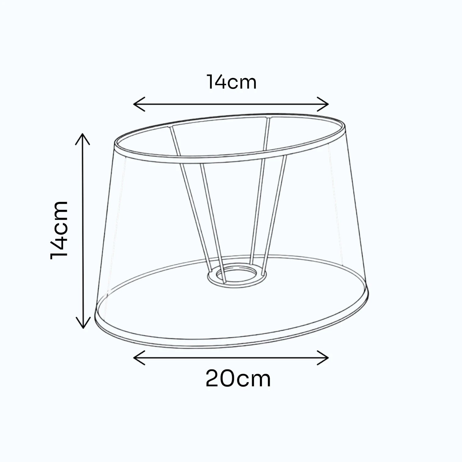 Maßgrafik des Ovalen Lampenschirms mit 14 cm Höhe, 14 cm oberem Durchmesser und 20 cm unterem Durchmesser