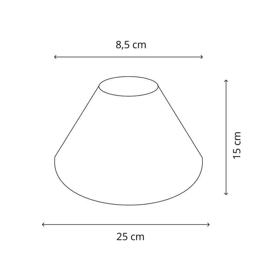 Maßzeichnung vom runden Lampenschirm  in violett mit 25 cm unten, 8,5 cm oben und 15 cm Höhe.