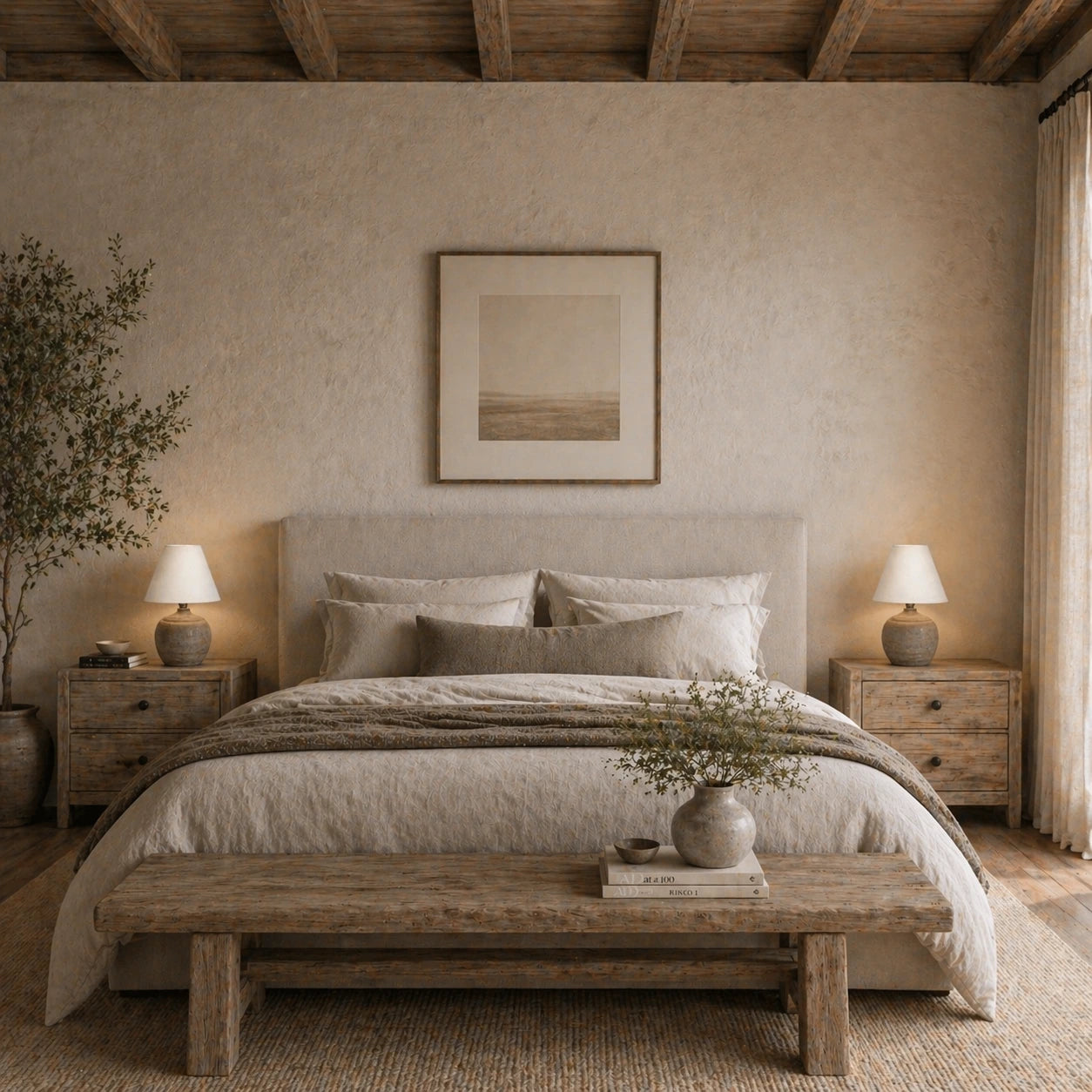 Lampenschirm in Creme auf hellen Tischlampenfuß im Schlafzimmer
