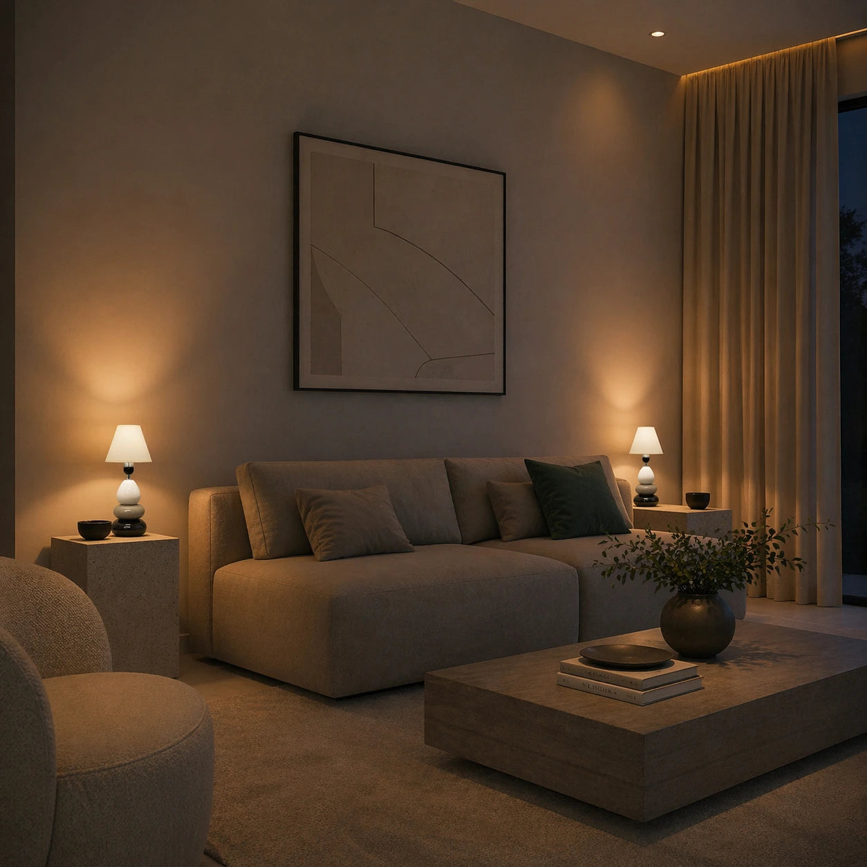 Lampenschirm in Warmweiß auf heller Tischlampe im Wohnzimmer, dekoriert auf Beistelltisch neben Sofa