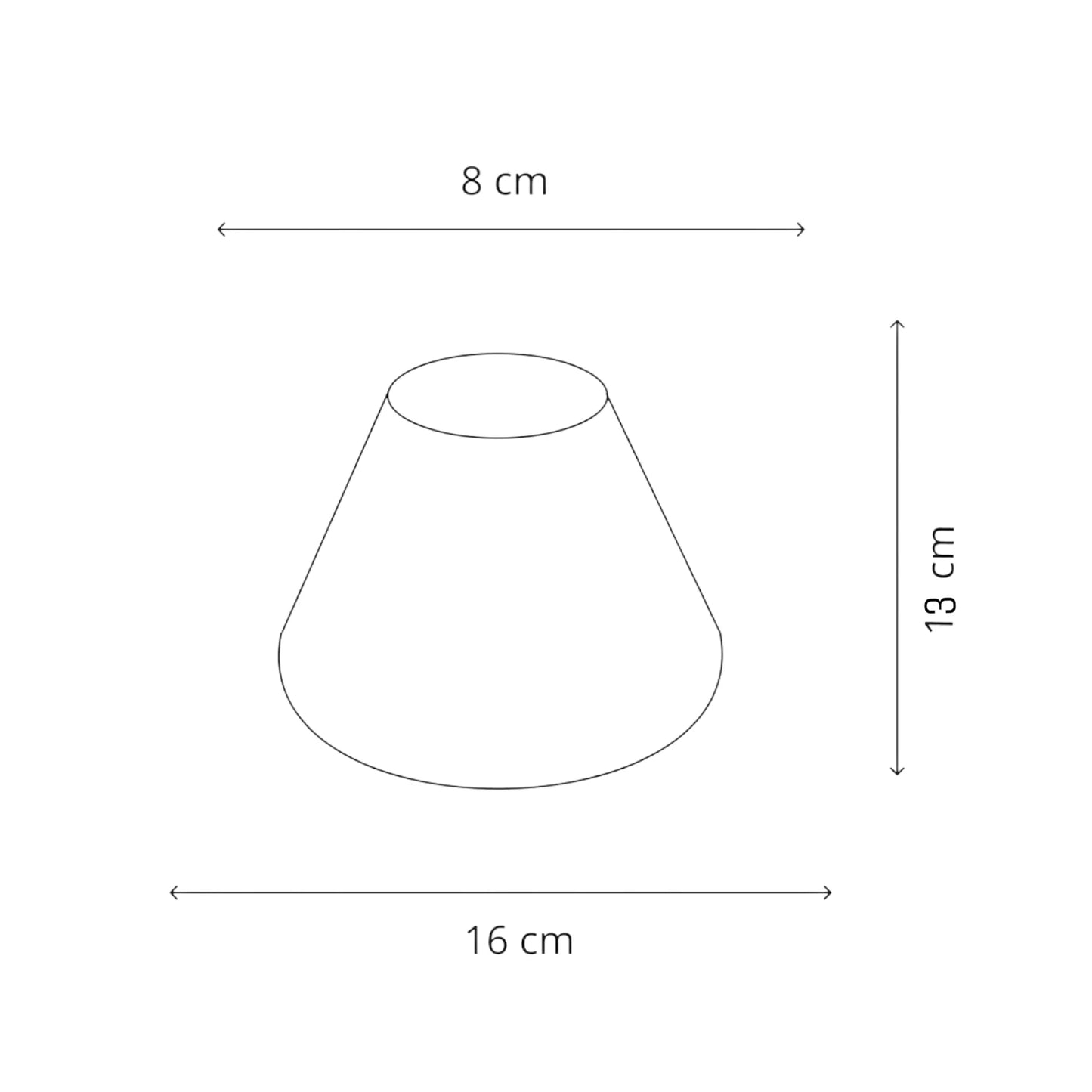 Maßskizze des Lampenschirms  mit 8 cm oben, 16 cm unten und 13 cm Höhe