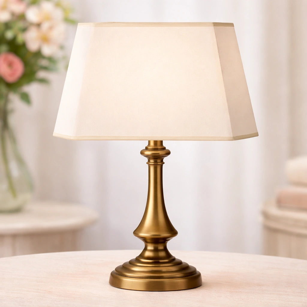 Creme Beiger rechteckiger Lampenschirm auf goldfarbenem Lampenfuß als Wohnbeispiel auf einem Tisch