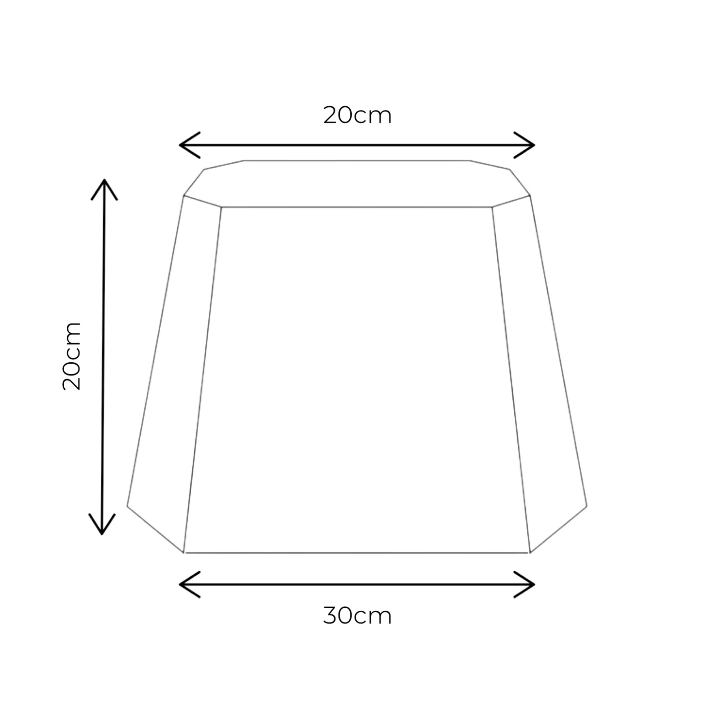 Maßgrafik zum rechteckigen Lampenschirm in hellem Beige mit 20 cm Höhe, 20 cm Durchmesser oben und 30 cm Durchmesser unten