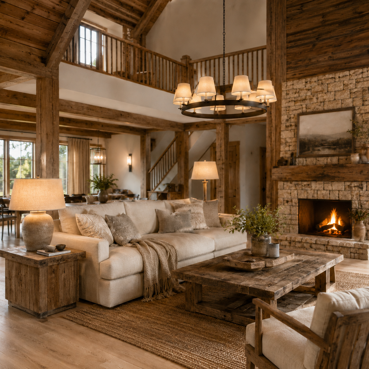 Landhaus Rustikales Wohnzimmer mit Holzbalken, Kamin, Kronleuchter und Tischlampe in gemuetlicher Beleuchtung