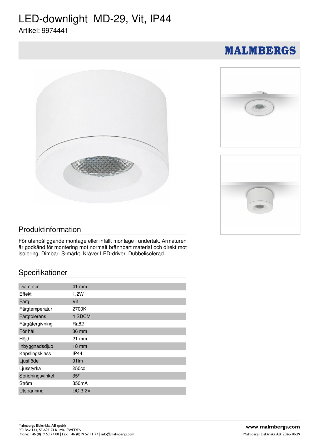 produktdatenblatt Malmbergs MD-29 Mini LED Spot weiß mit Befestigungsfedern für Einbau und optionaler Aufputzmontage