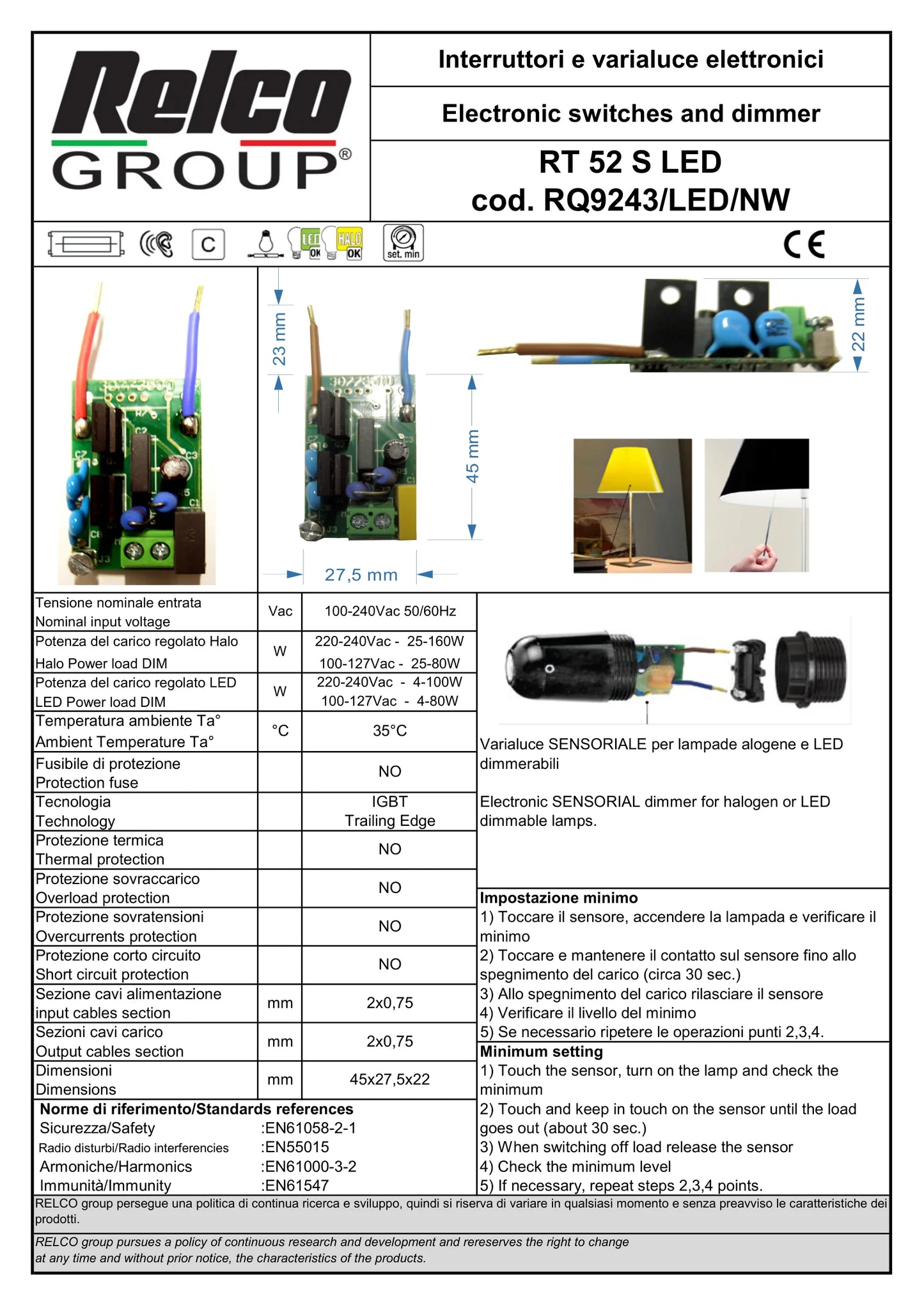 Relco RT52S LED Touch Dimmer technische Daten und Anschlussdiagramm