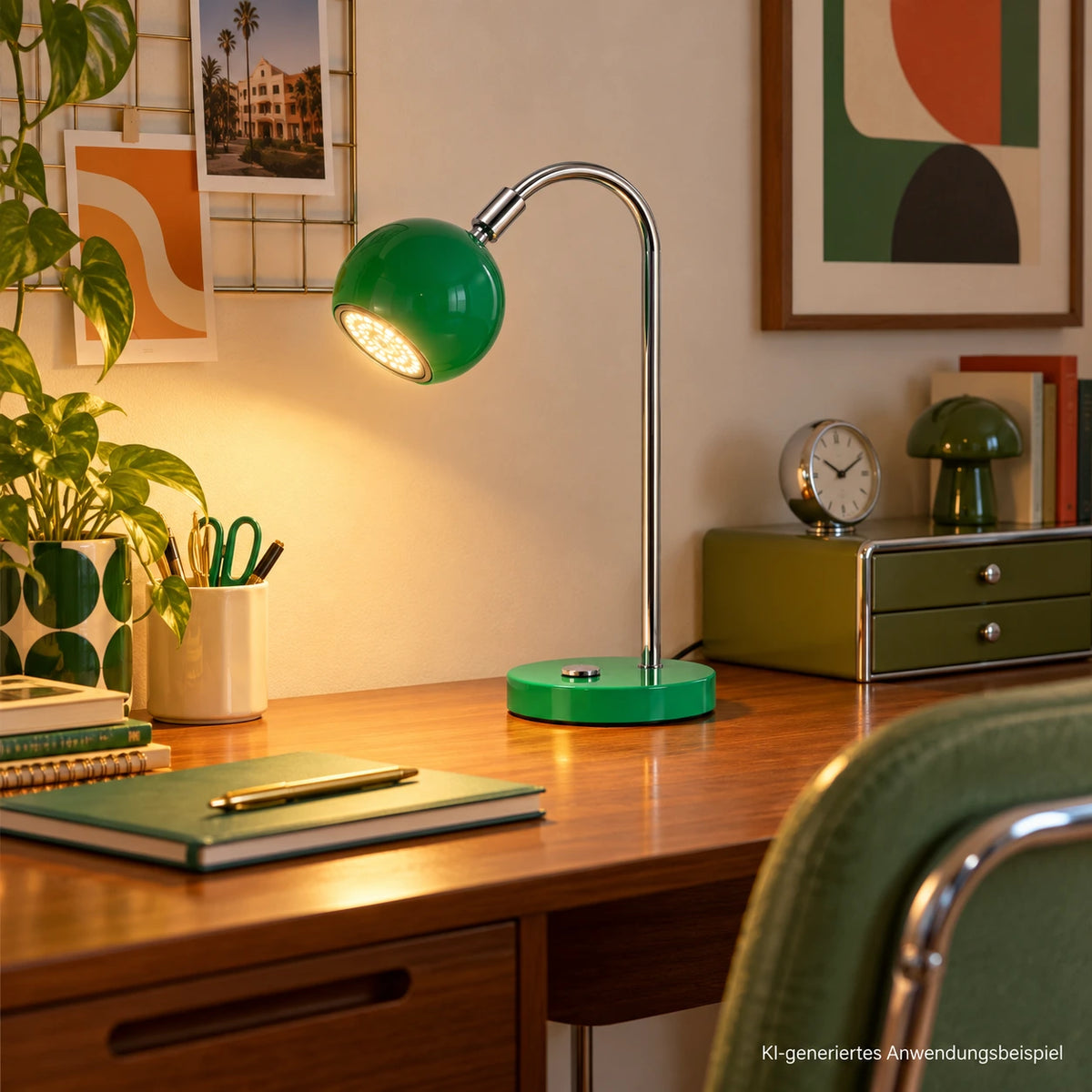 Grüne Retro Schreibtischleuchte mit gebogenem Chromarm und warmweißem LED-Licht auf einem Mid-Century-Holzschreibtisch - KI-generiertes Anwendungsbeispiel