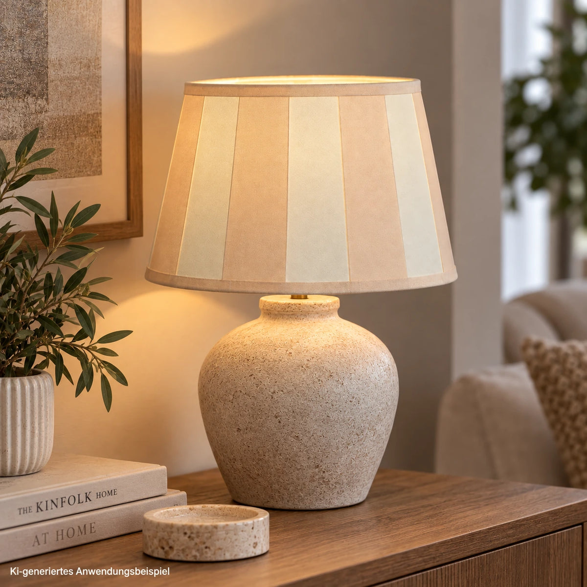 Anwendungsbeispiel eines beige-cremefarben gestreiften Lampenschirms auf einer Tischleuchte in einem warm eingerichteten Wohnraum.